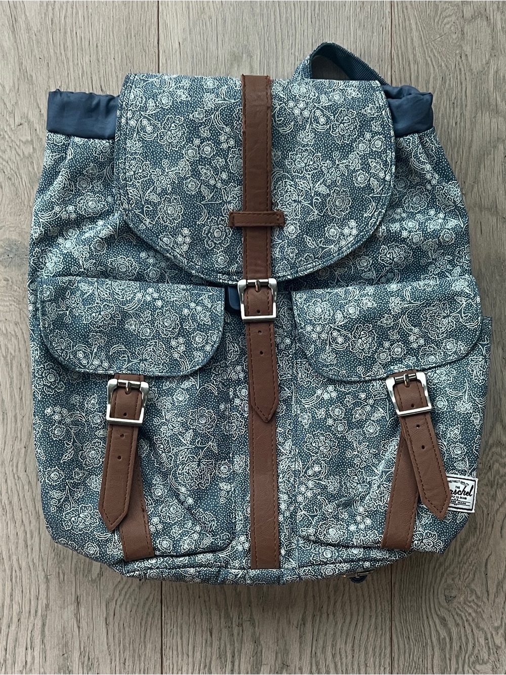 Herschel Supply Small Blue Floral Backpack Leather Straps